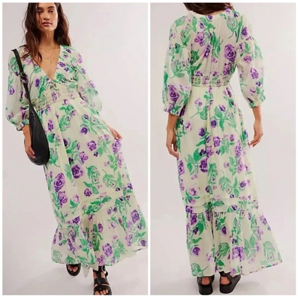 Free People Dresses & Skirts - Free People Maxi Dress Golden Hour V-Neck Floral Multicolor 3/4 Sleeves XS Boho